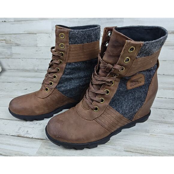 Sorel Booties Womens Size 12 Lexie Wedge Brown Leather Waterproof Gray Felt - Picture 1 of 10